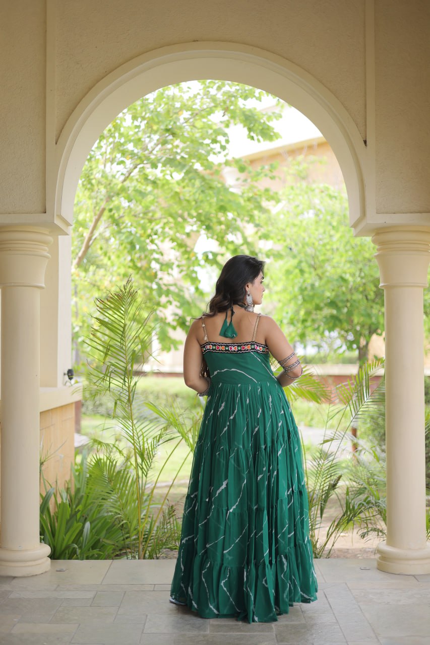 Trendy Leheriya Print Kutchi Patchwork Flared Gown for Festive Celebrations