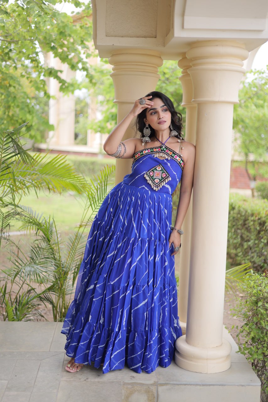 Trendy Leheriya Print Kutchi Patchwork Flared Gown for Festive Celebrations