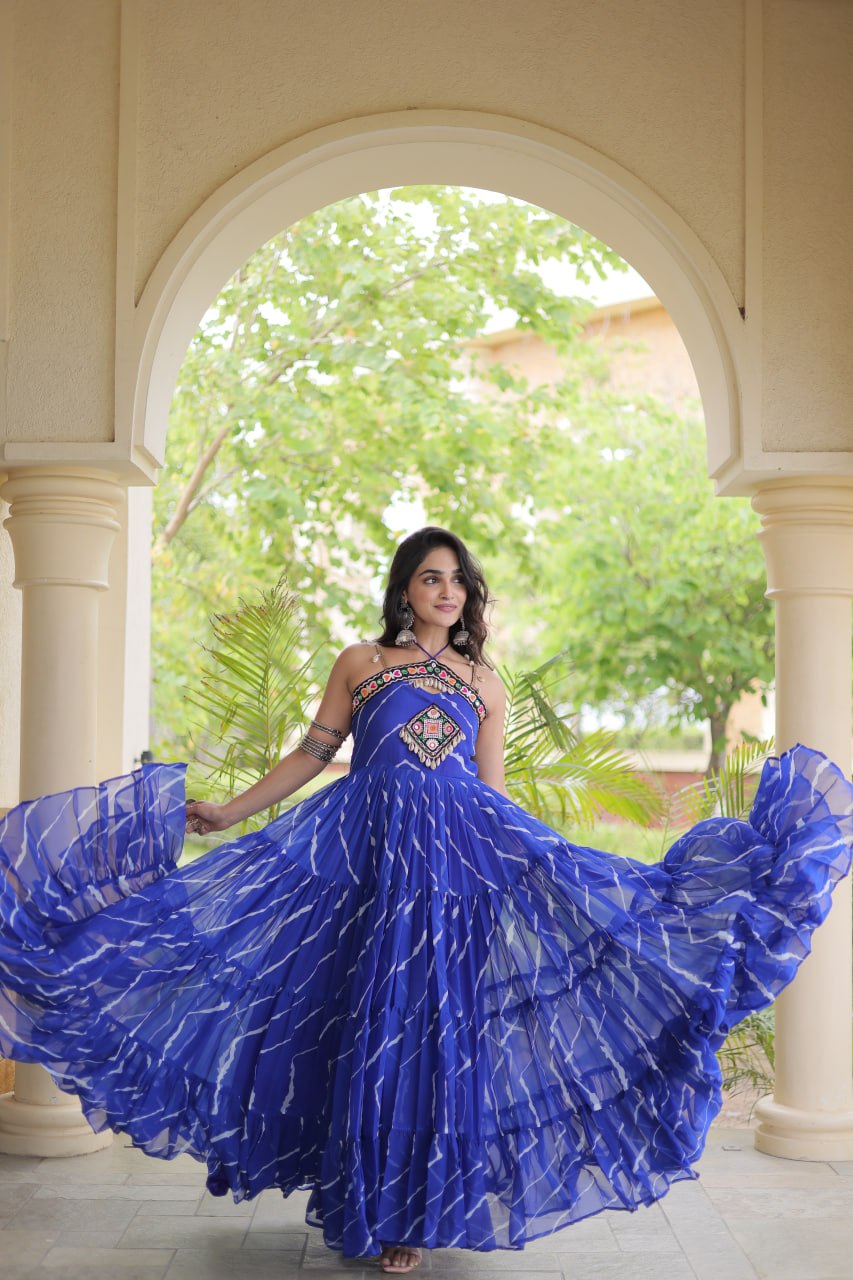 Trendy Leheriya Print Kutchi Patchwork Flared Gown for Festive Celebrations