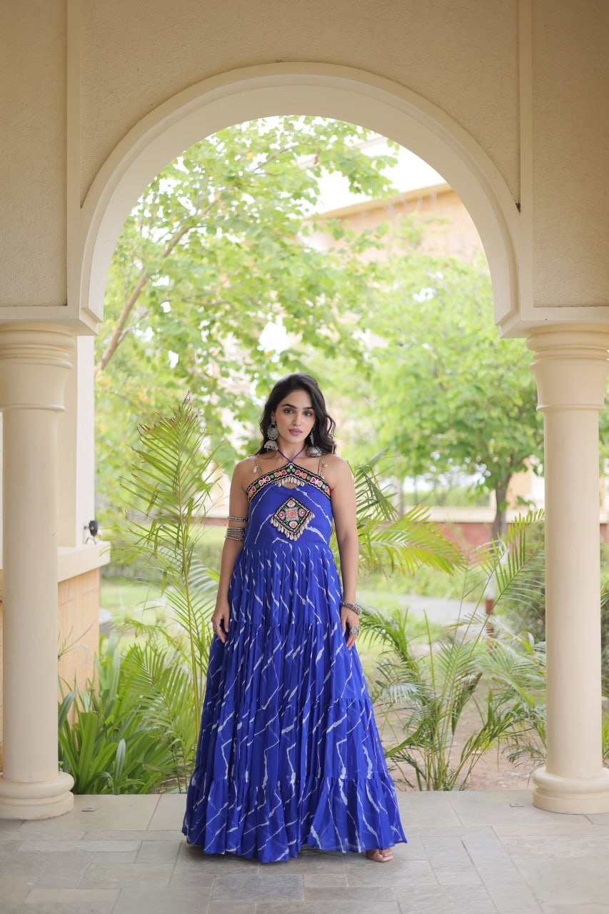 Trendy Leheriya Print Kutchi Patchwork Flared Gown for Festive Celebrations