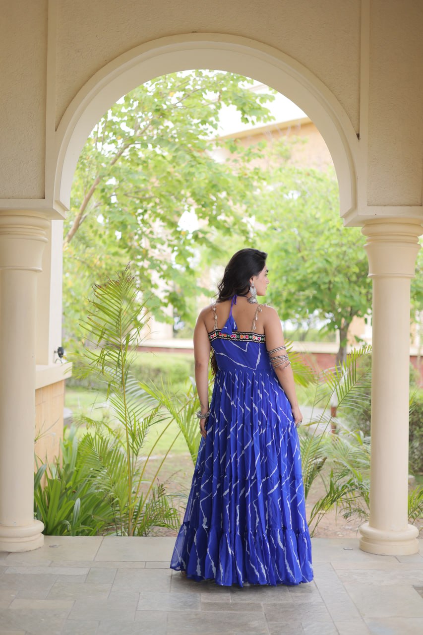Trendy Leheriya Print Kutchi Patchwork Flared Gown for Festive Celebrations