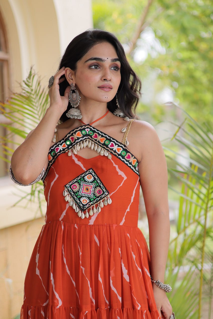 Trendy Leheriya Print Kutchi Patchwork Flared Gown for Festive Celebrations