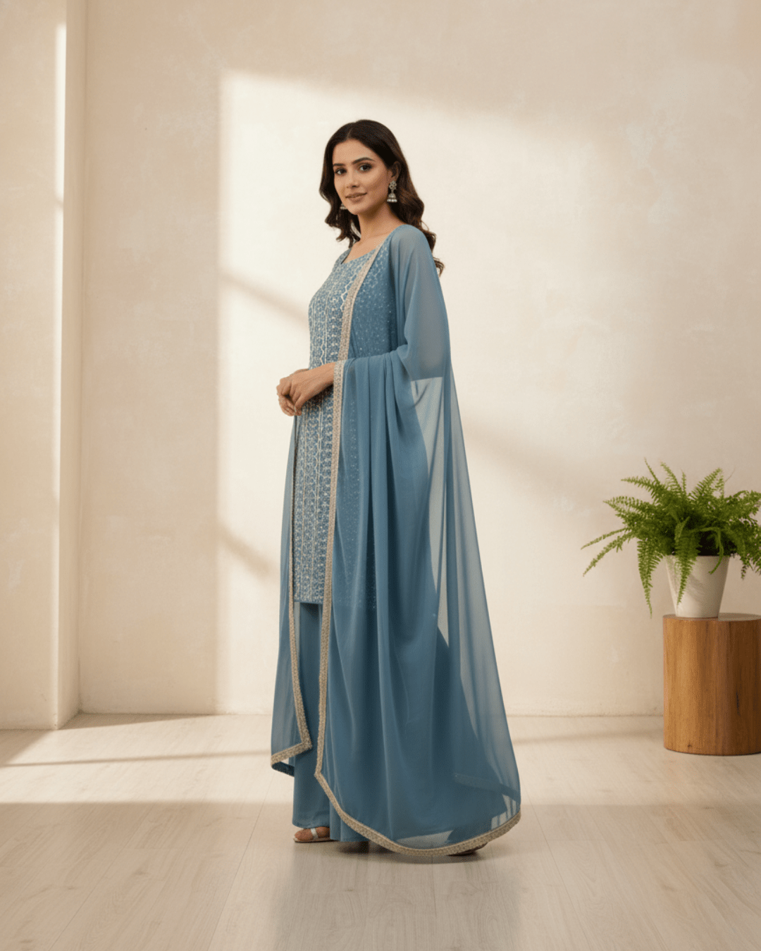 Designer Bean Blue Top & Palazzo with Dupatta – Festive Elegance