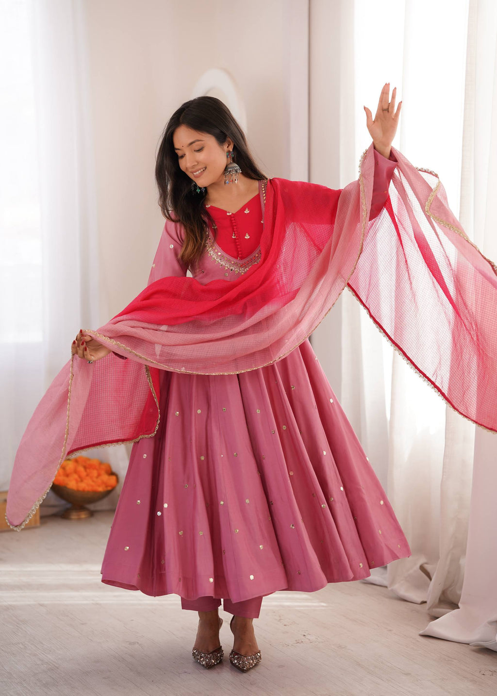 Traditional Anarkali Gown Pant Set with Dupatta for Festivals & Weddings