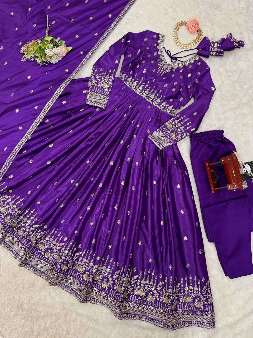 Beautiful Silk Anarkali Full Flaired Gown Pant with  Dupatta Perfect For Diwali Festive Wear