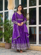 Beautiful Silk Anarkali Full Flaired Gown Pant with  Dupatta Perfect For Diwali Festive Wear