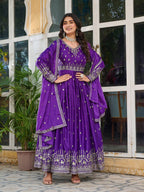 Beautiful Silk Anarkali Full Flaired Gown Pant with  Dupatta Perfect For Diwali Festive Wear