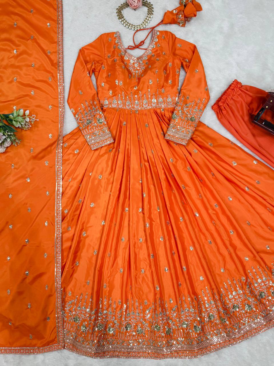 Beautiful Silk Anarkali Full Flaired Gown Pant with  Dupatta Perfect For Diwali Festive Wear