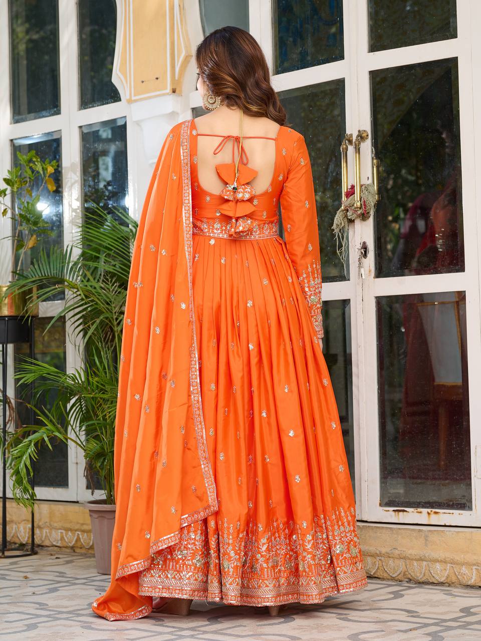 Beautiful Silk Anarkali Full Flaired Gown Pant with  Dupatta Perfect For Diwali Festive Wear