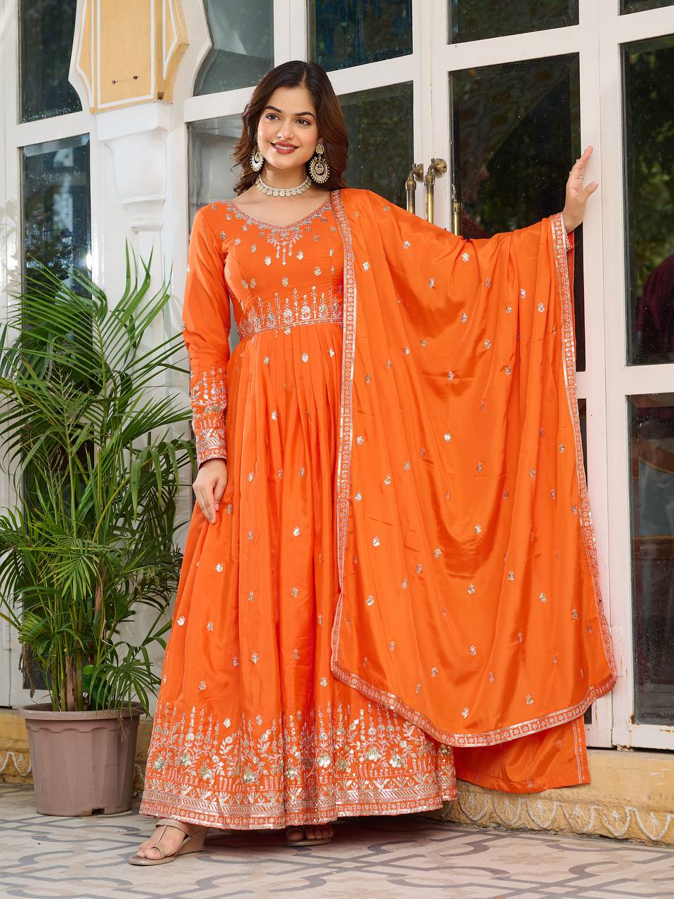 Beautiful Silk Anarkali Full Flaired Gown Pant with  Dupatta Perfect For Diwali Festive Wear