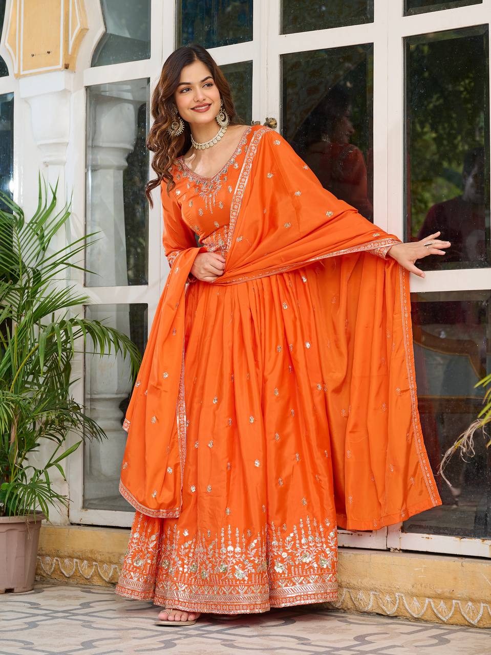 Beautiful Silk Anarkali Full Flaired Gown Pant with  Dupatta Perfect For Diwali Festive Wear