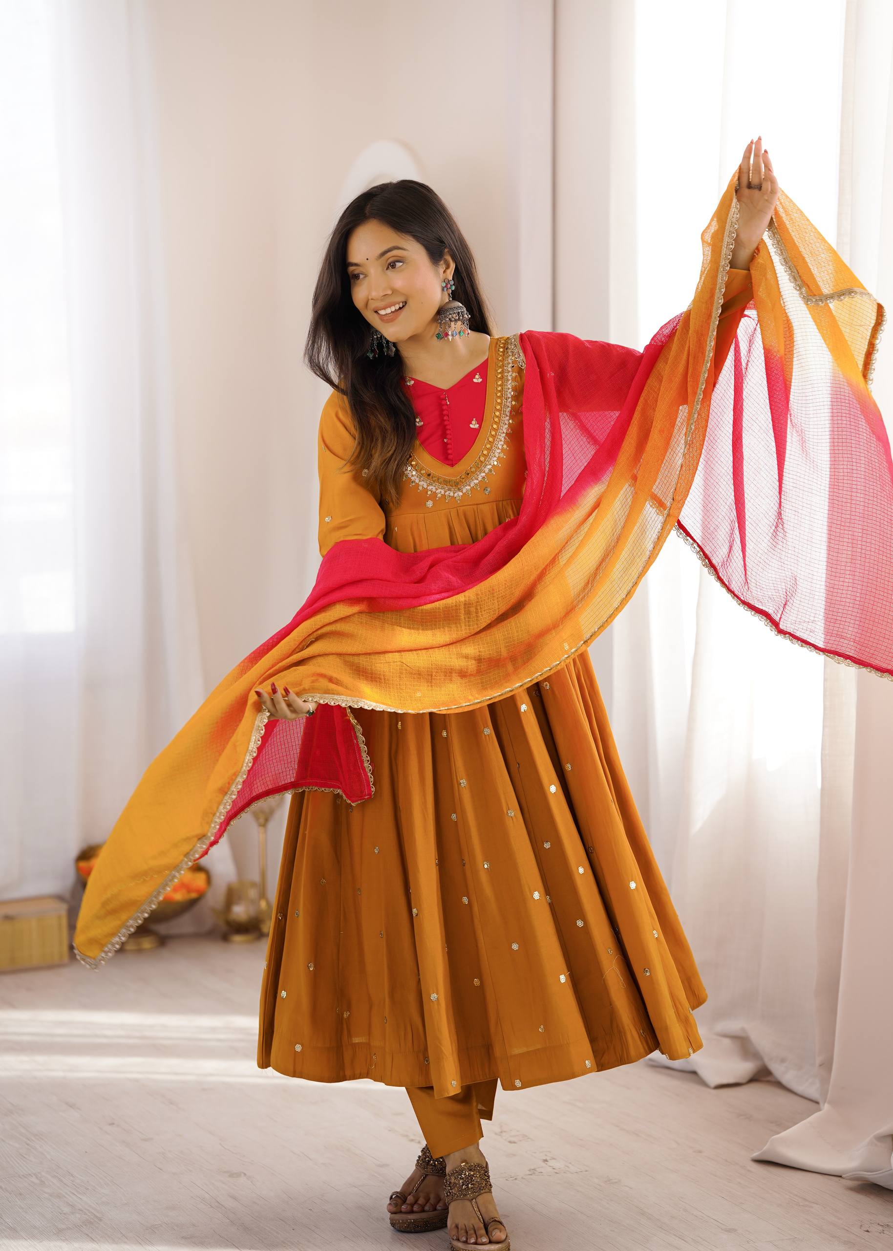 Traditional Anarkali Gown Pant Set with Dupatta for Festivals & Weddings