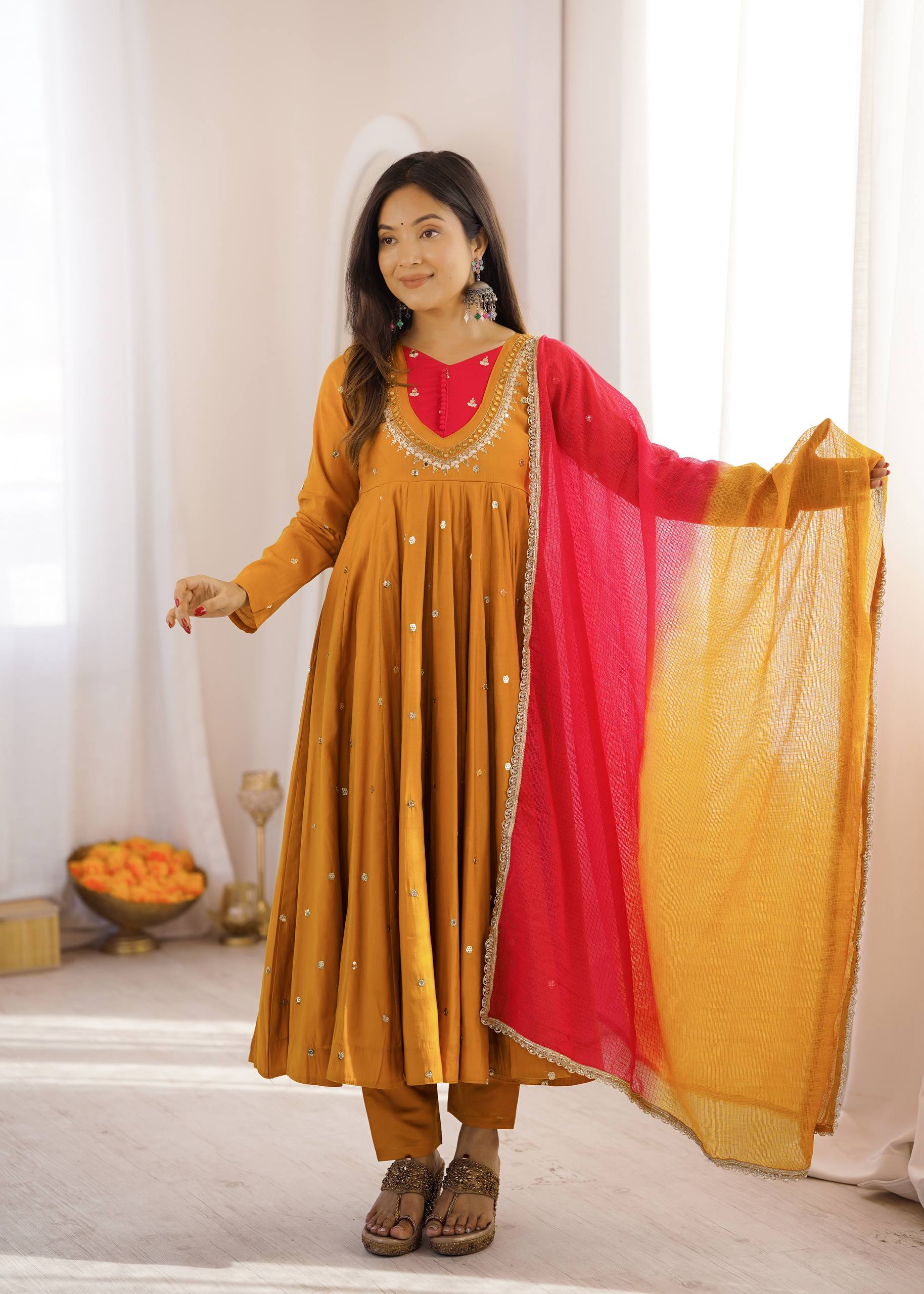 Traditional Anarkali Gown Pant Set with Dupatta for Festivals & Weddings