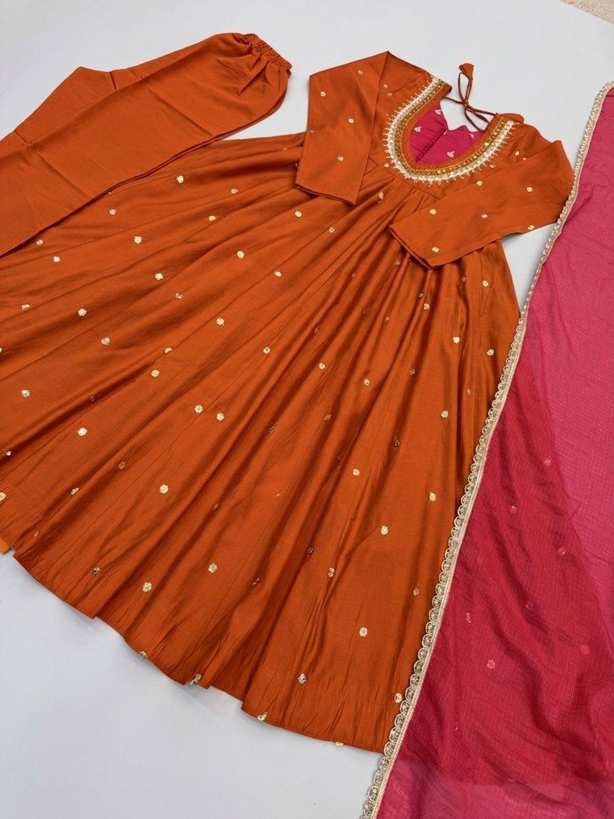 Traditional Anarkali Gown Pant Set with Dupatta for Festivals & Weddings