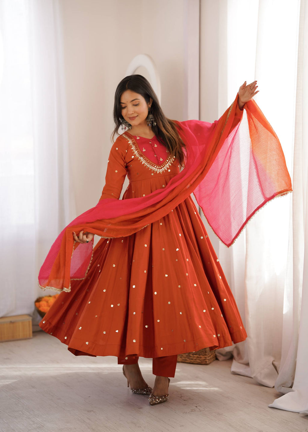 Traditional Anarkali Gown Pant Set with Dupatta for Festivals & Weddings