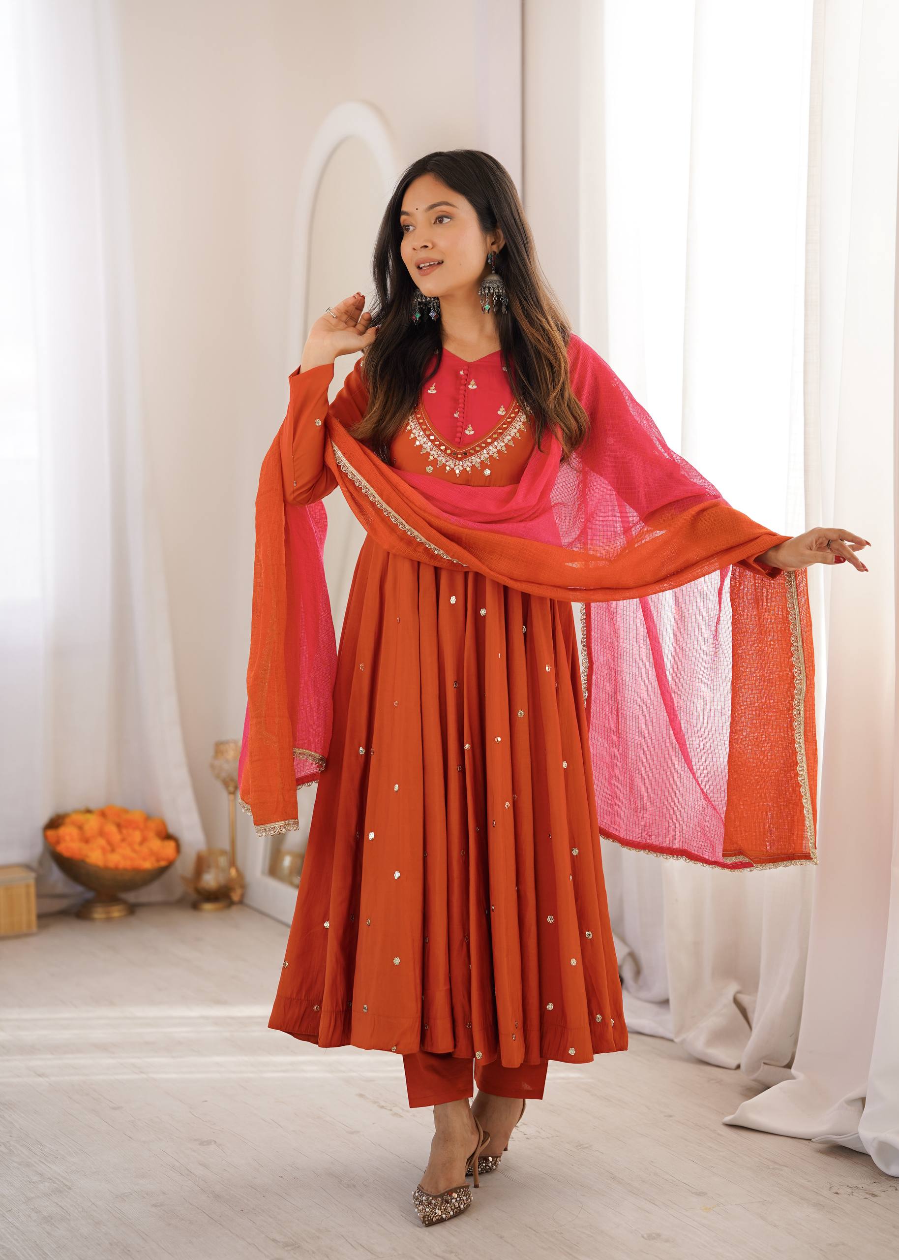 Traditional Anarkali Gown Pant Set with Dupatta for Festivals & Weddings