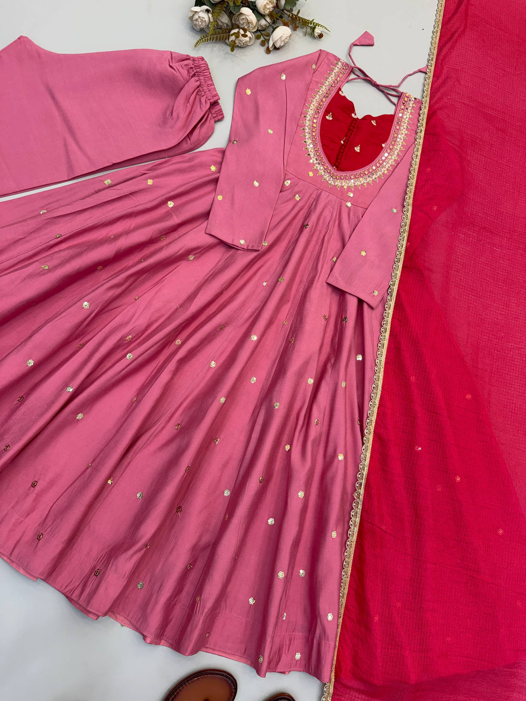 Traditional Anarkali Gown Pant Set with Dupatta for Festivals & Weddings