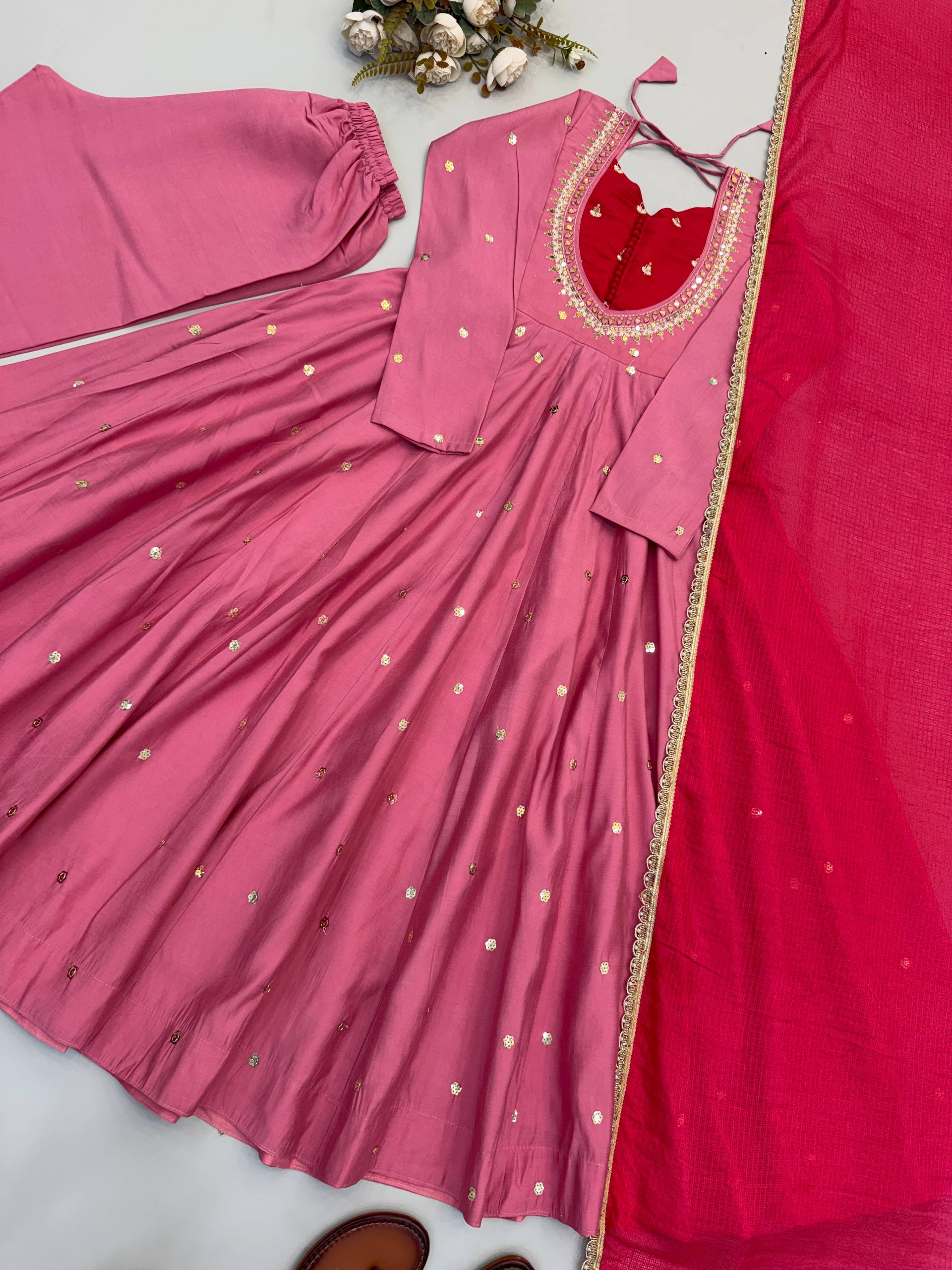 Traditional Anarkali Gown Pant Set with Dupatta for Festivals & Weddings