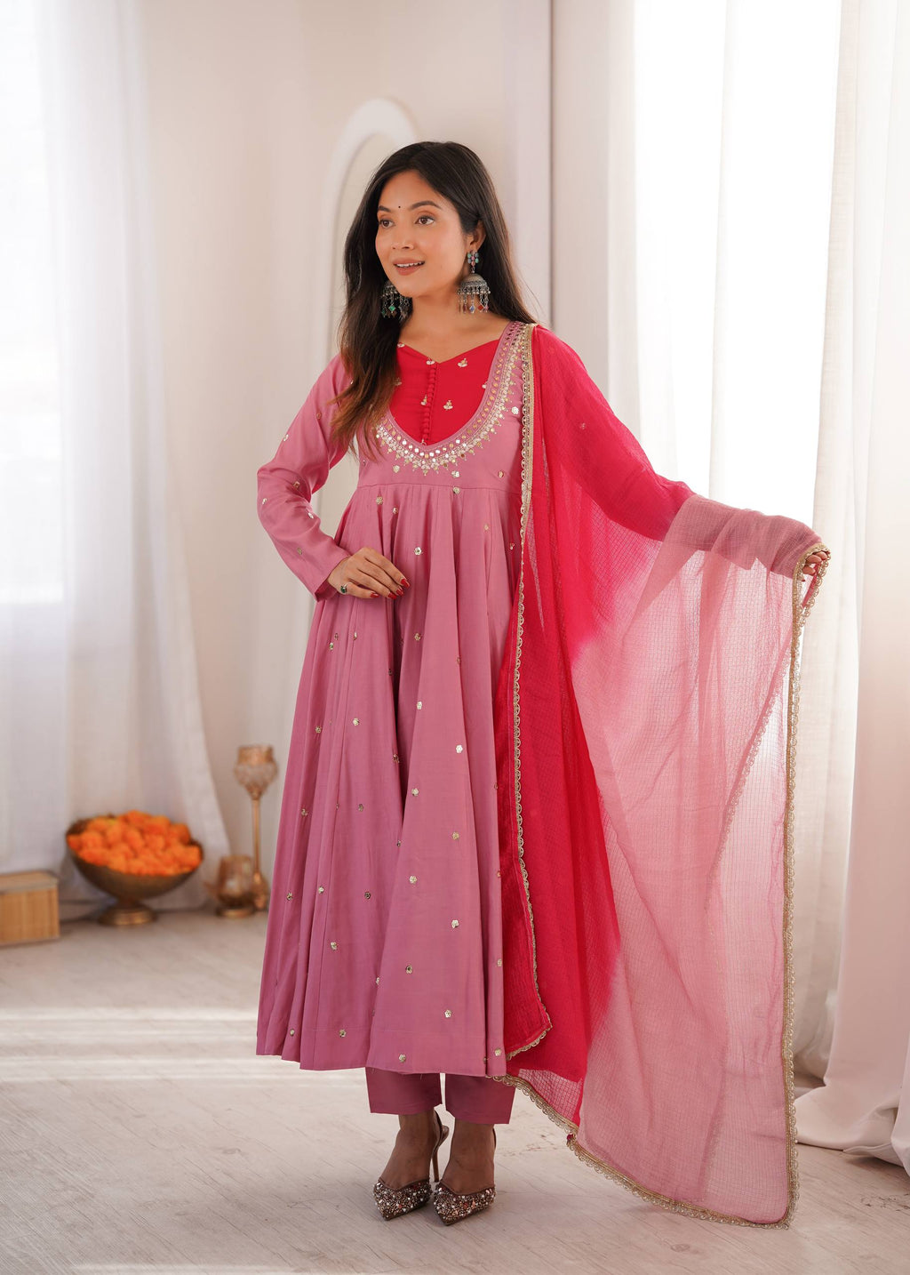 Traditional Anarkali Gown Pant Set with Dupatta for Festivals & Weddings