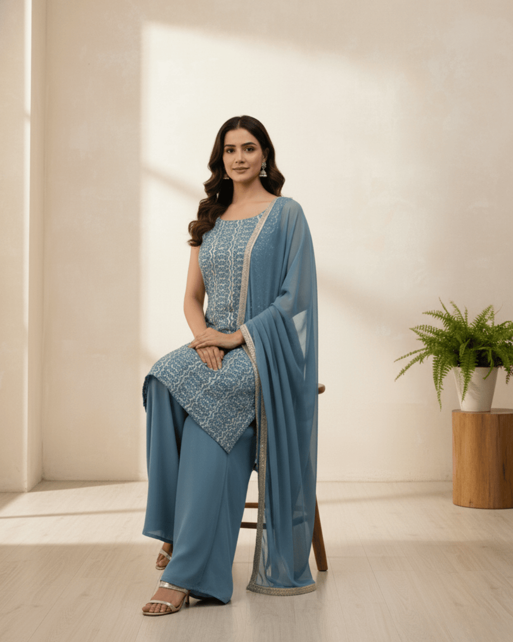 Designer Bean Blue Top & Palazzo with Dupatta – Festive Elegance