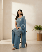Designer Bean Blue Top & Palazzo with Dupatta – Festive Elegance