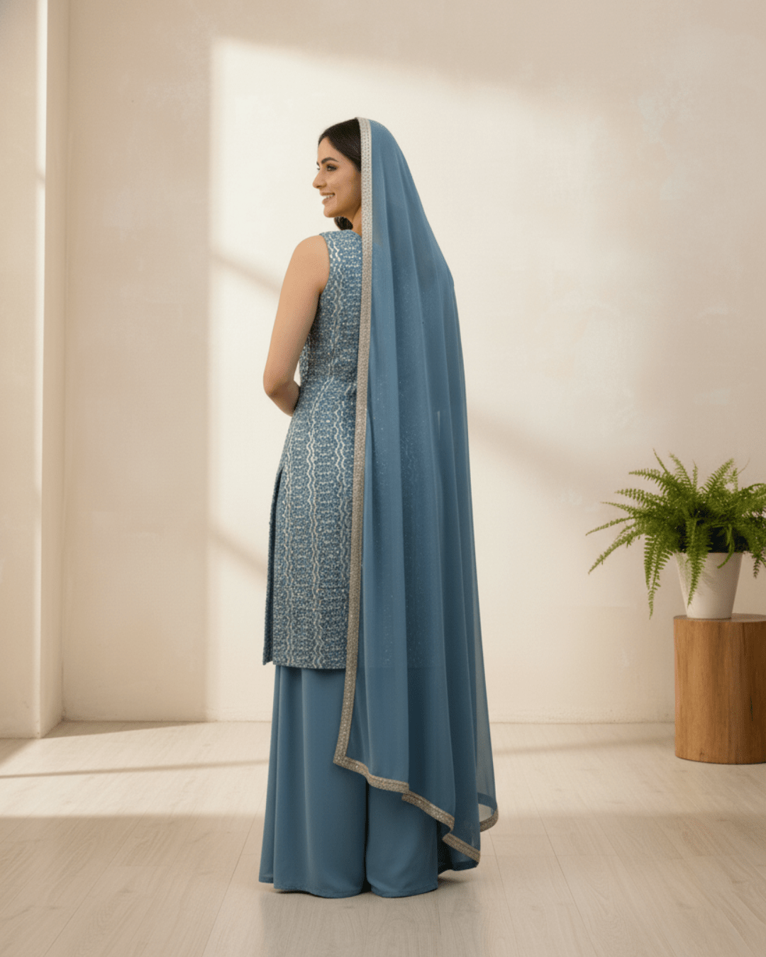 Designer Bean Blue Top & Palazzo with Dupatta – Festive Elegance
