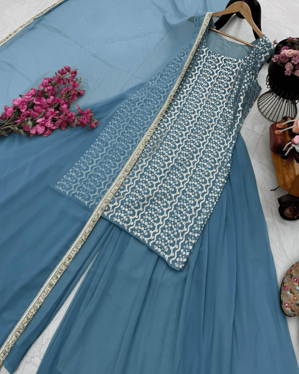 Designer Bean Blue Top & Palazzo with Dupatta – Festive Elegance