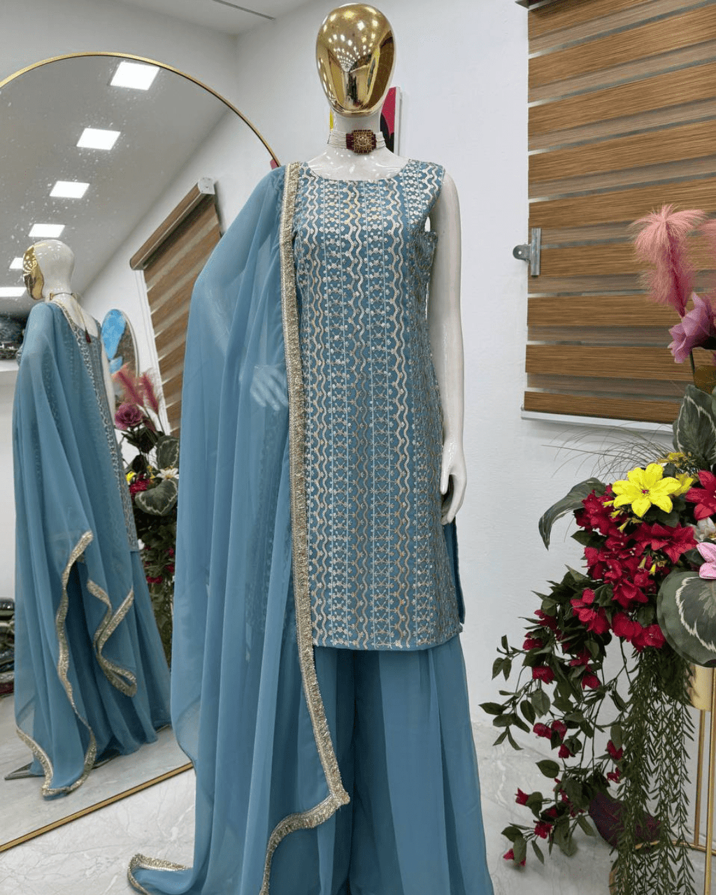 Designer Bean Blue Top & Palazzo with Dupatta – Festive Elegance