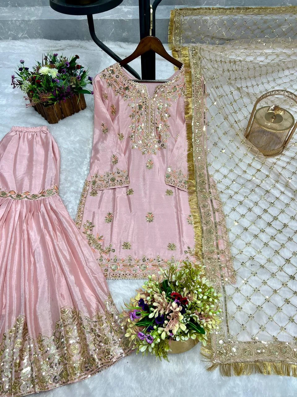 Festive Baby Pink Chinon Sharara Suit with Dupatta – 3 Piece Set