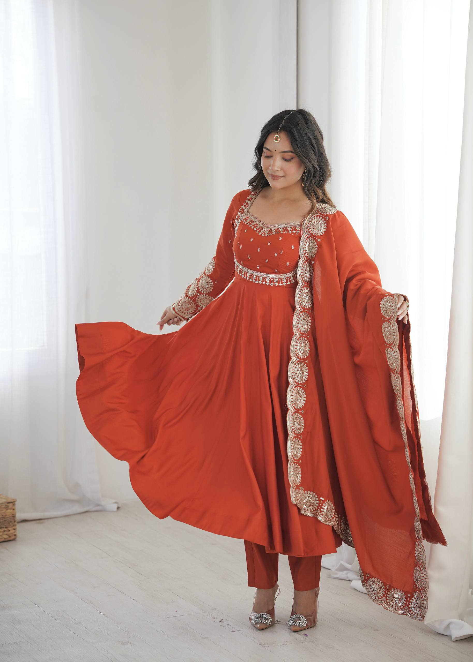 Rust Orange & Pink Embroidered Anarkali Suit Set with Dupatta for Festive Celebrations