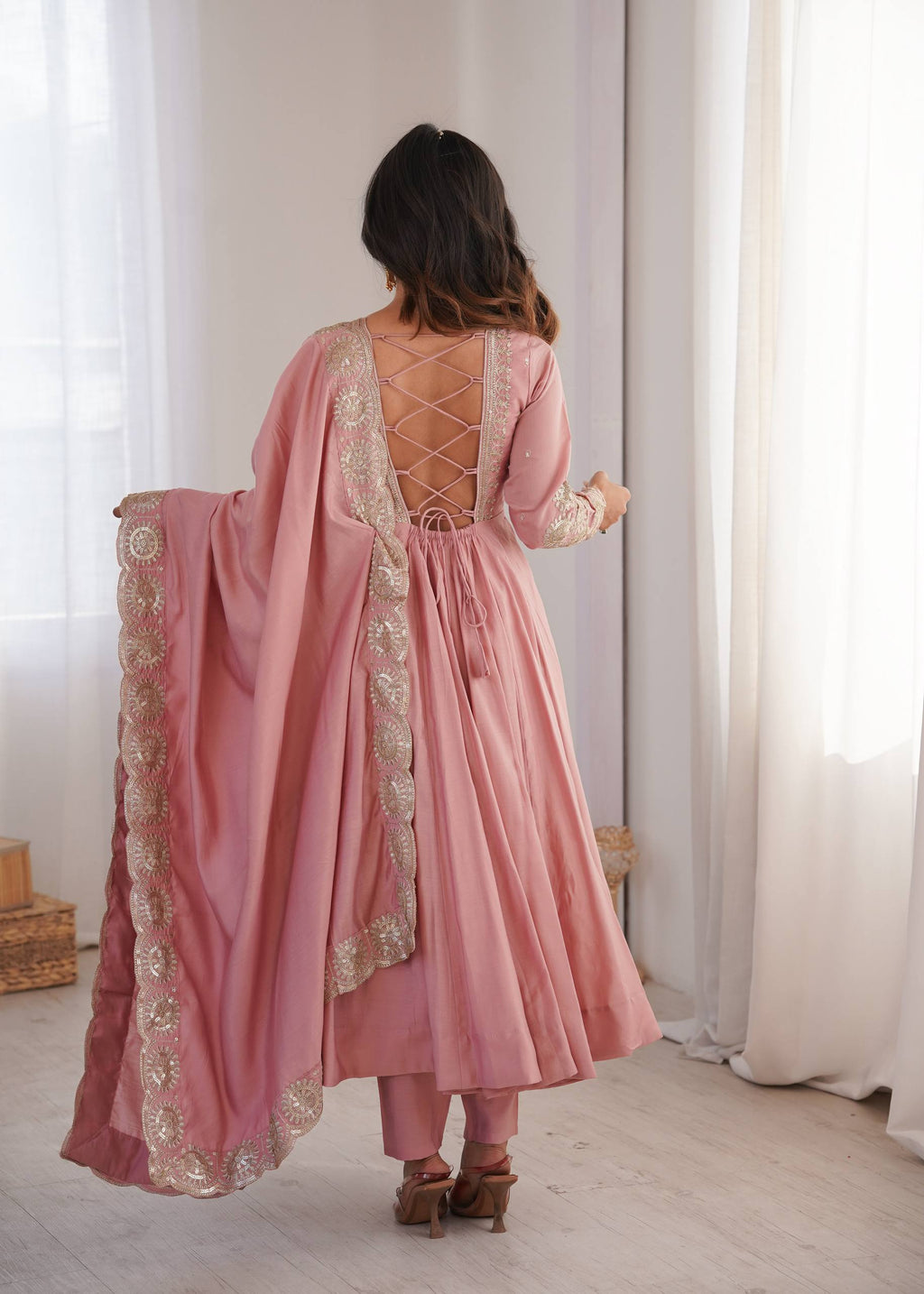 Rust Orange & Pink Embroidered Anarkali Suit Set with Dupatta for Festive Celebrations