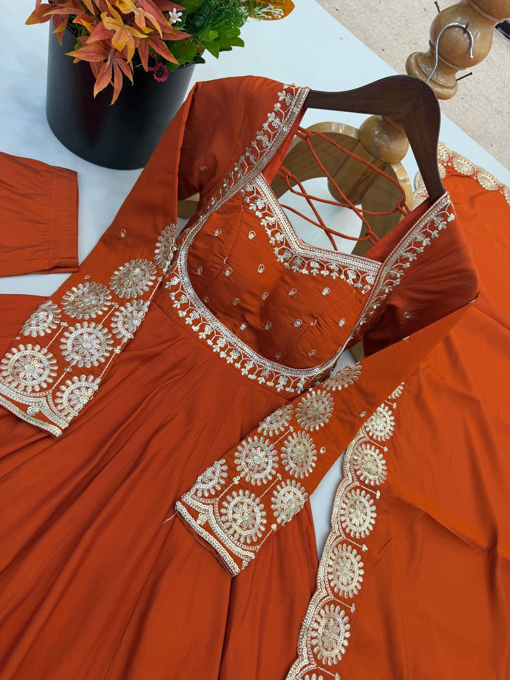 Rust Orange & Pink Embroidered Anarkali Suit Set with Dupatta for Festive Celebrations