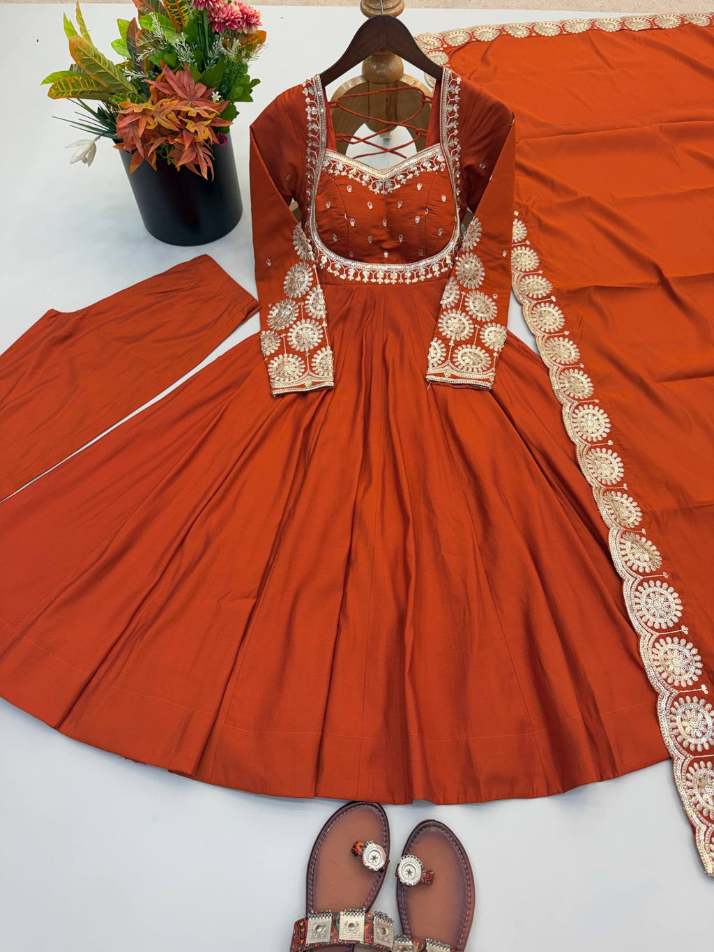 Rust Orange & Pink Embroidered Anarkali Suit Set with Dupatta for Festive Celebrations