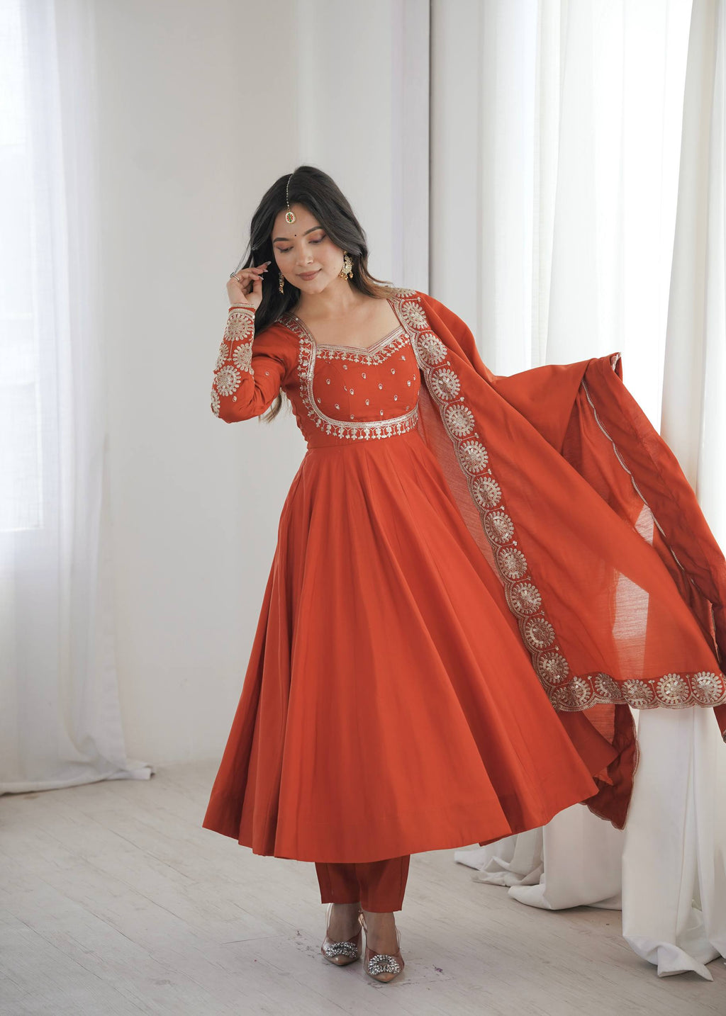 Rust Orange & Pink Embroidered Anarkali Suit Set with Dupatta for Festive Celebrations