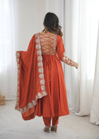 Rust Orange & Pink Embroidered Anarkali Suit Set with Dupatta for Festive Celebrations
