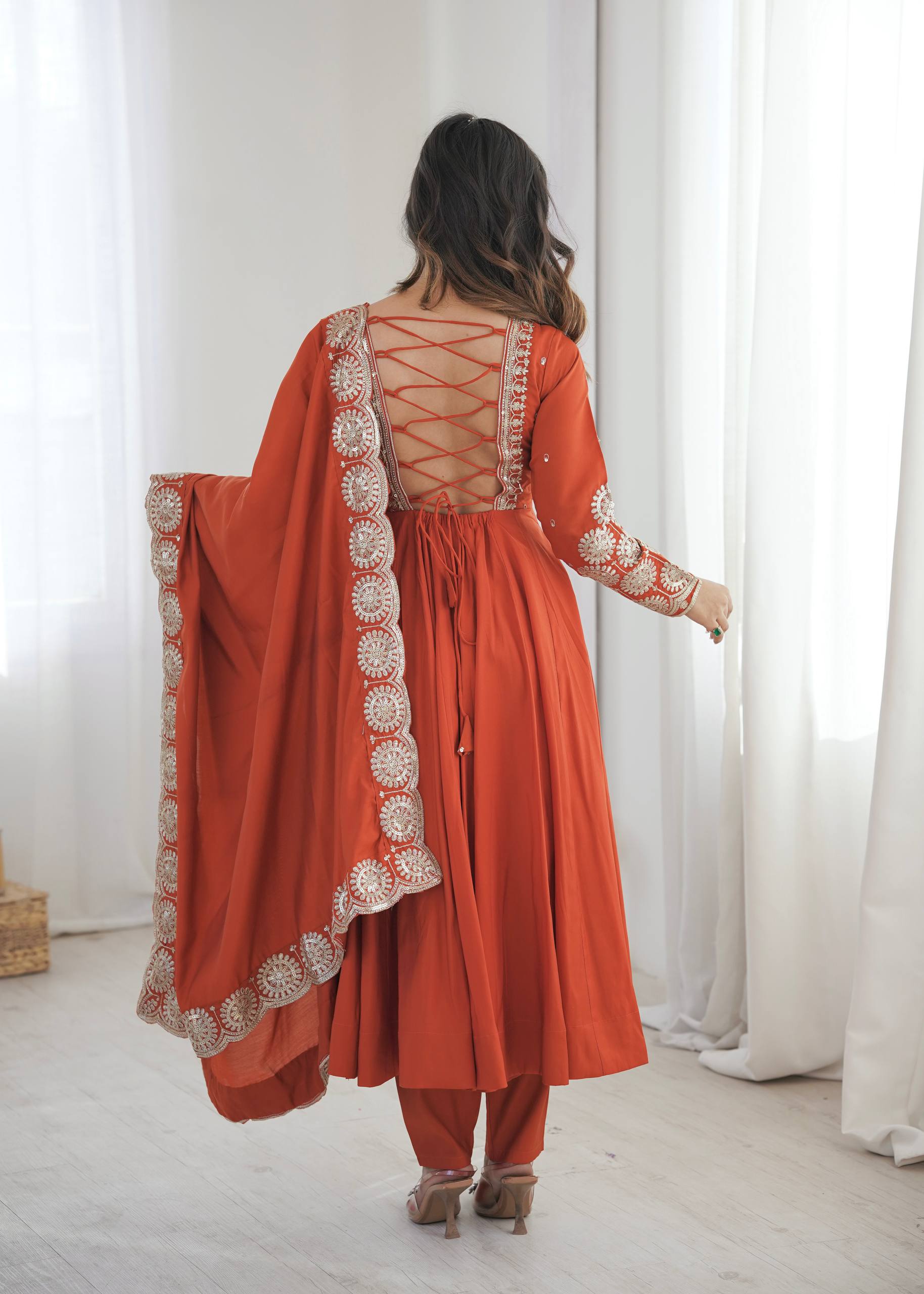 Rust Orange & Pink Embroidered Anarkali Suit Set with Dupatta for Festive Celebrations