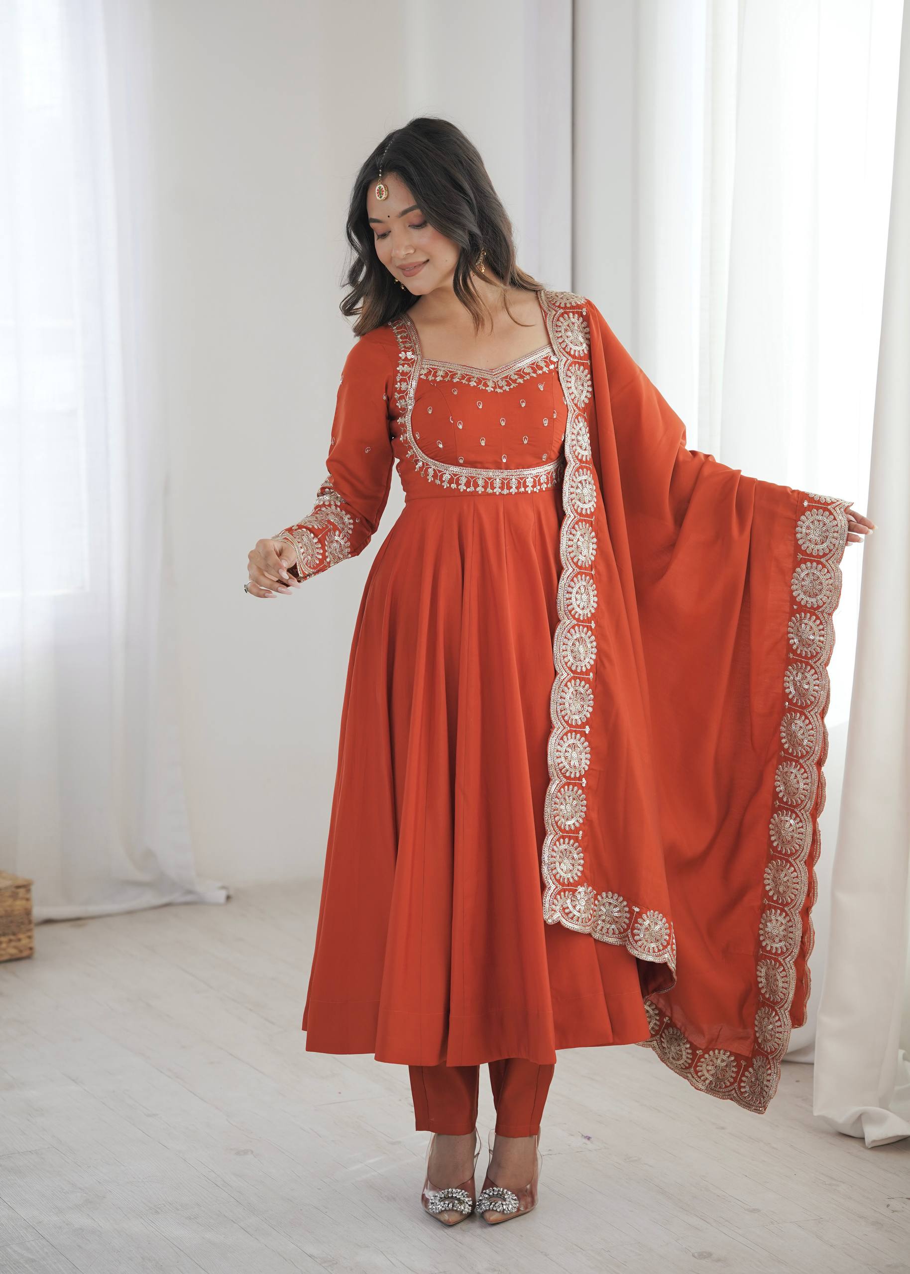 Rust Orange & Pink Embroidered Anarkali Suit Set with Dupatta for Festive Celebrations