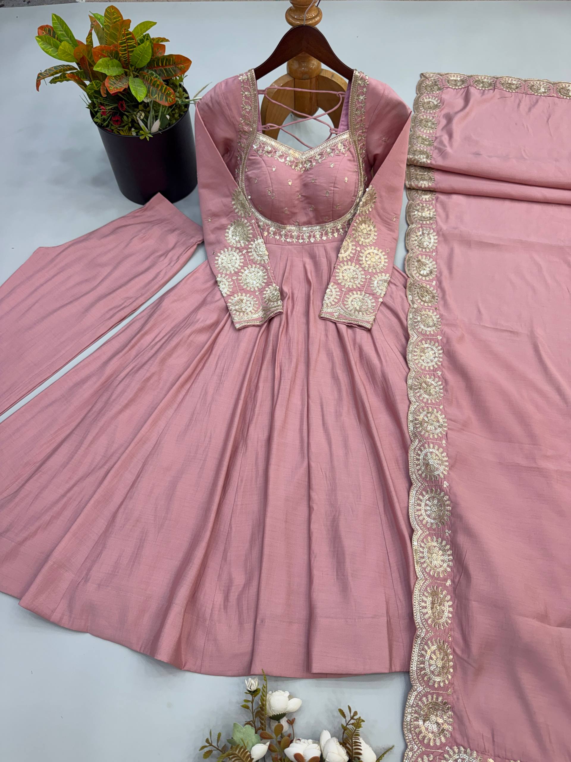 Rust Orange & Pink Embroidered Anarkali Suit Set with Dupatta for Festive Celebrations