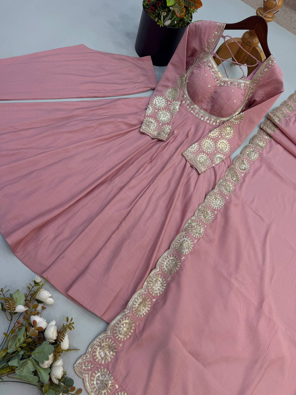 Rust Orange & Pink Embroidered Anarkali Suit Set with Dupatta for Festive Celebrations