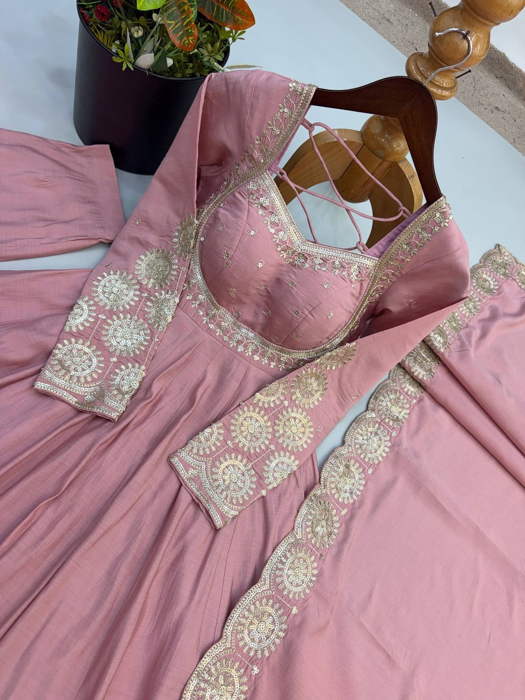 Rust Orange & Pink Embroidered Anarkali Suit Set with Dupatta for Festive Celebrations