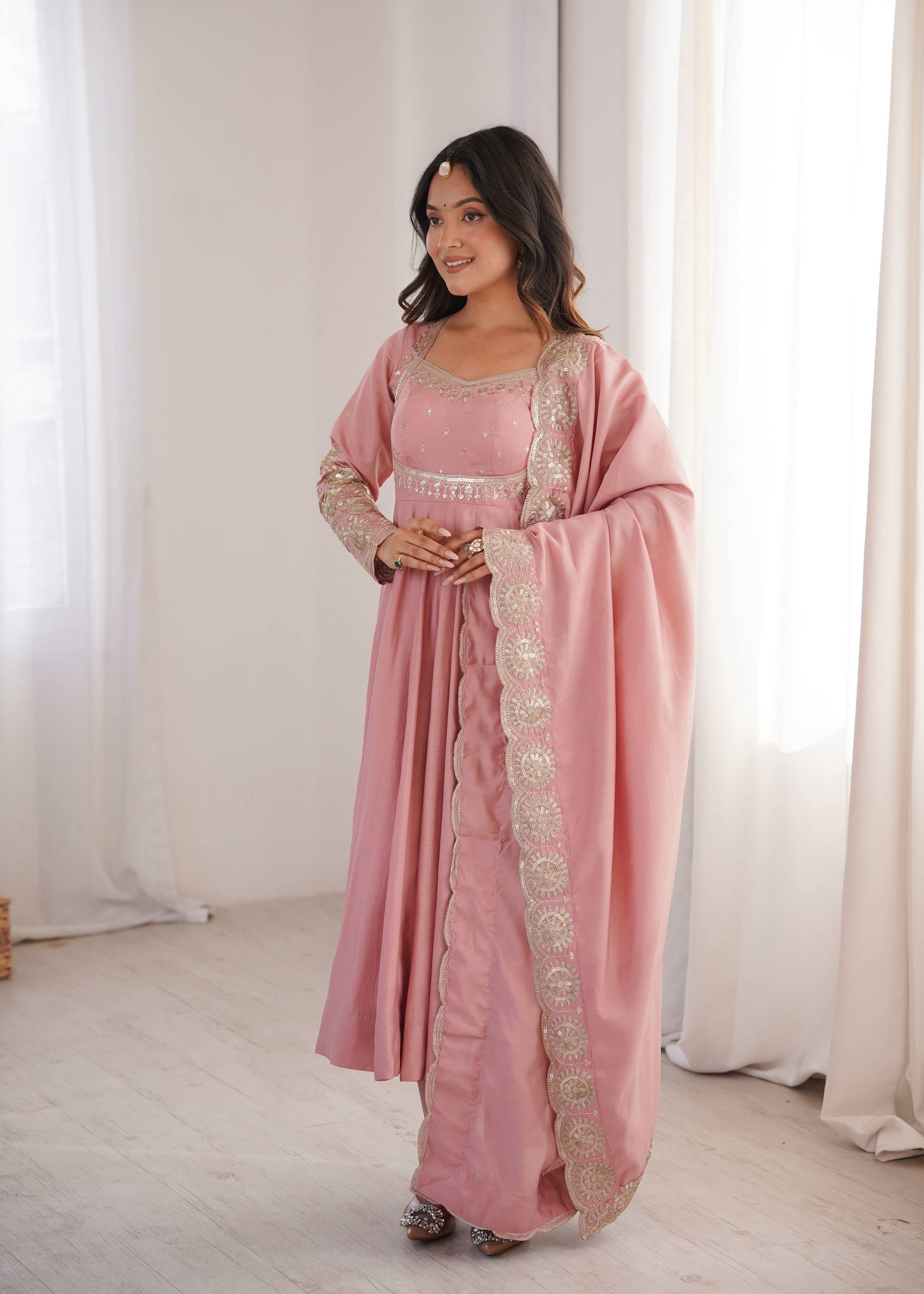 Rust Orange & Pink Embroidered Anarkali Suit Set with Dupatta for Festive Celebrations