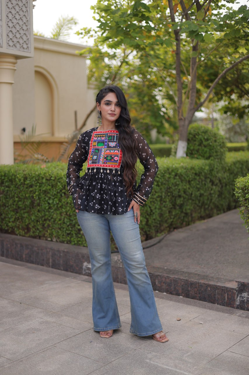 Bandhani Kutchi Gamthi Patchwork Georgette Festive Peplum Top For Navratri