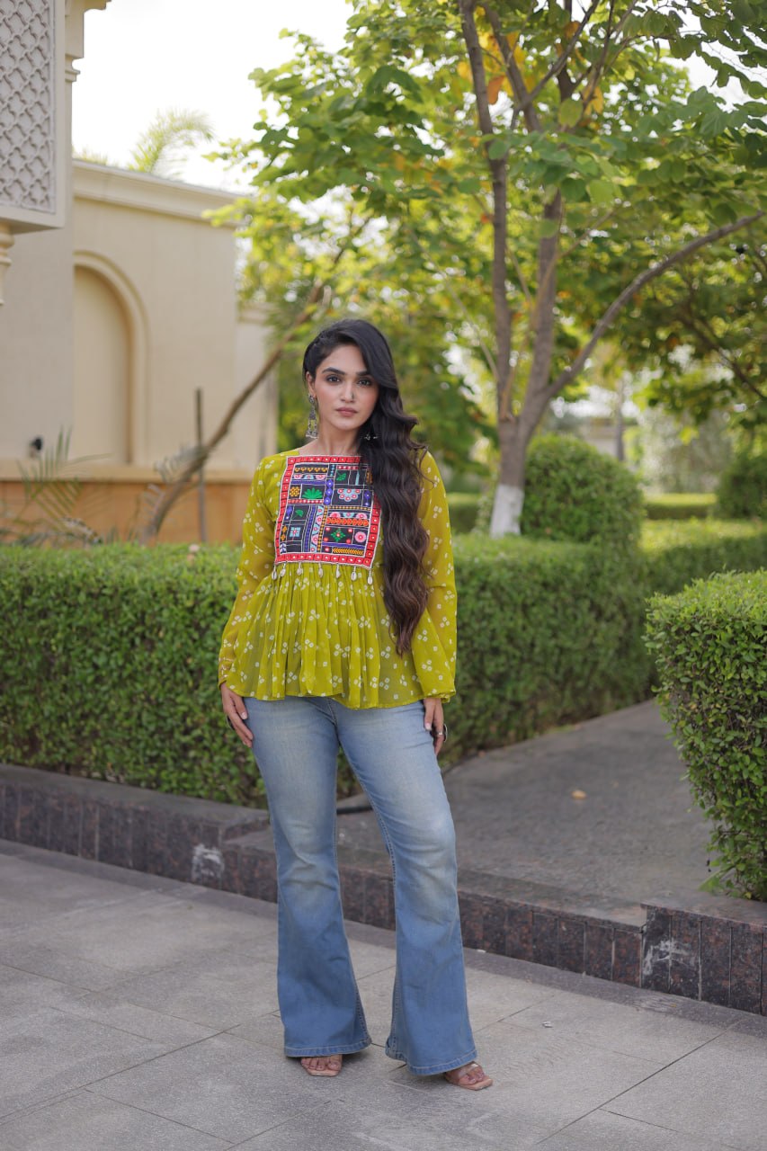 Bandhani Kutchi Gamthi Patchwork Georgette Festive Peplum Top For Navratri