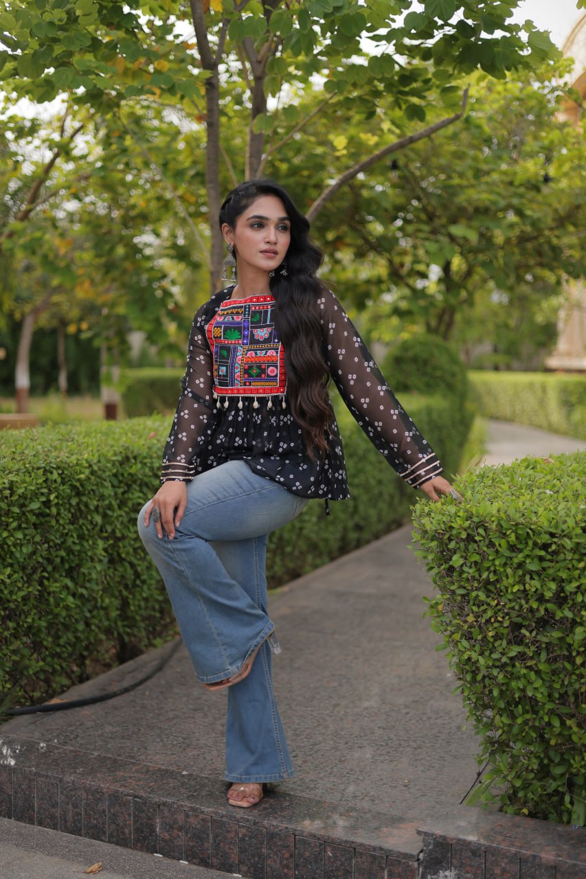Bandhani Kutchi Gamthi Patchwork Georgette Festive Peplum Top For Navratri