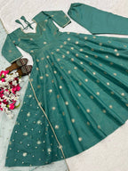 Emerald Green Shimmer Silk Anarkali Suit Set with Sequin Embroidery, Pant & Net Dupatta