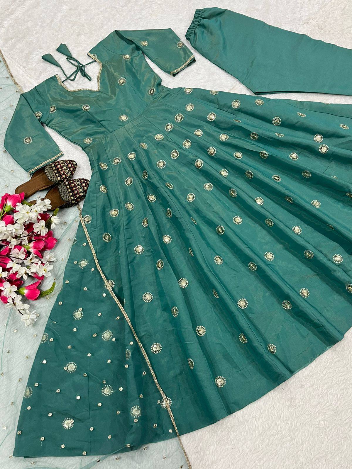 Emerald Green Shimmer Silk Anarkali Suit Set with Sequin Embroidery, Pant & Net Dupatta
