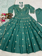 Emerald Green Shimmer Silk Anarkali Suit Set with Sequin Embroidery, Pant & Net Dupatta