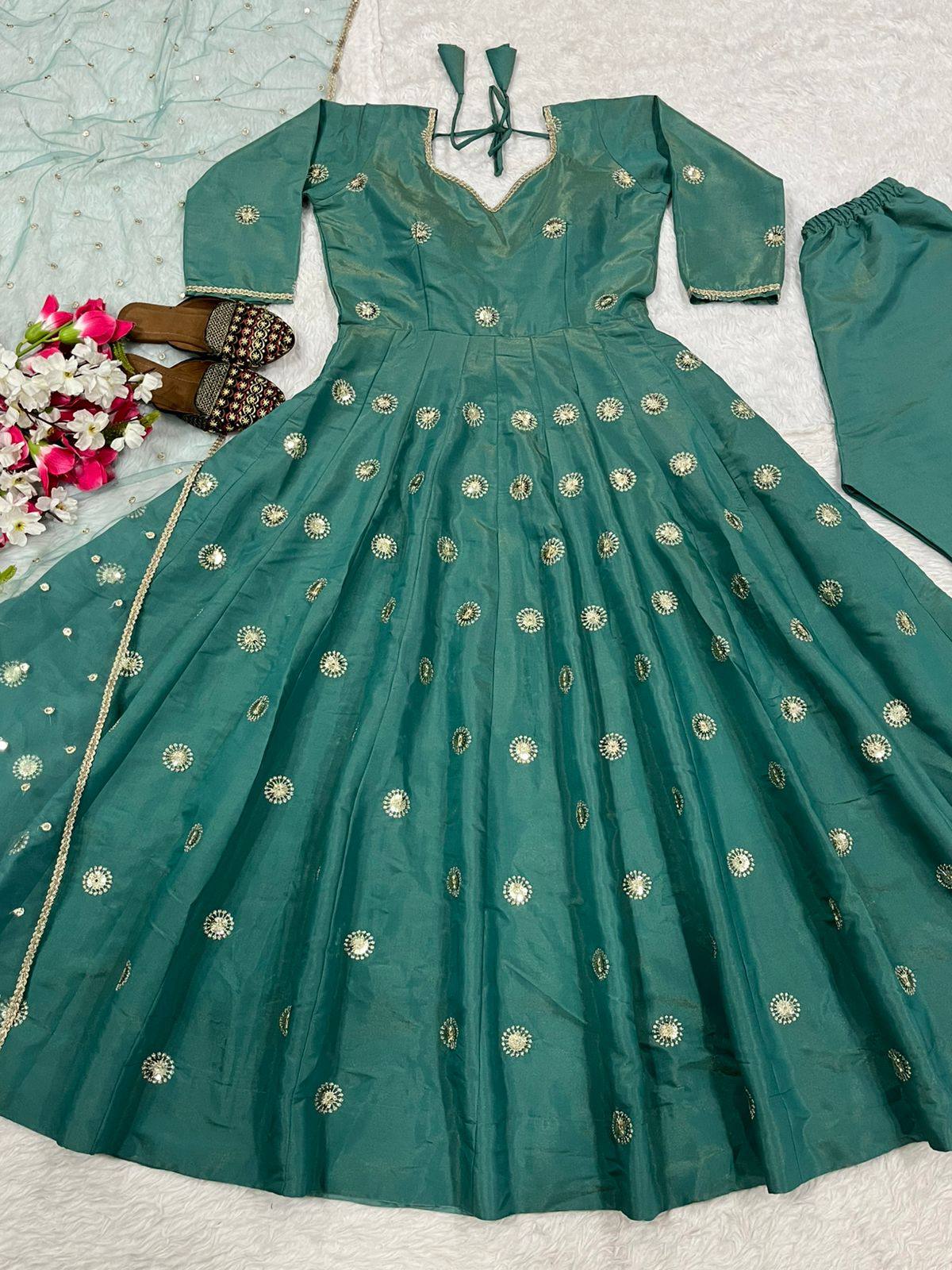 Emerald Green Shimmer Silk Anarkali Suit Set with Sequin Embroidery, Pant & Net Dupatta