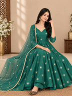 Emerald Green Shimmer Silk Anarkali Suit Set with Sequin Embroidery, Pant & Net Dupatta