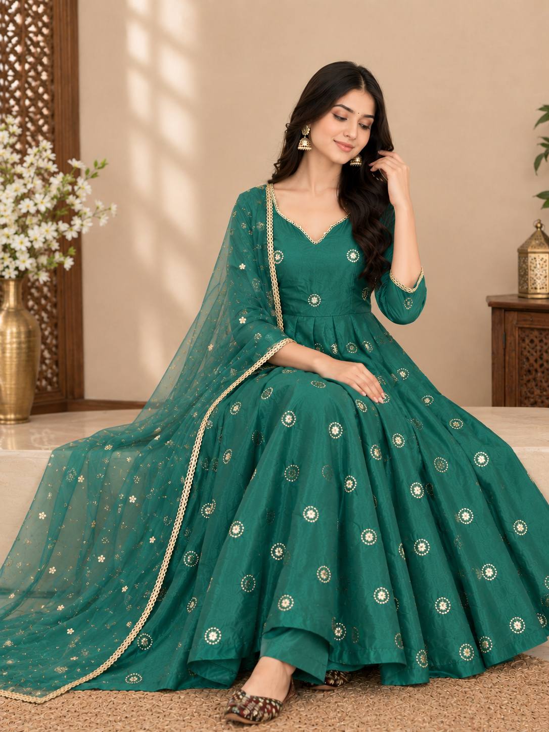 Emerald Green Shimmer Silk Anarkali Suit Set with Sequin Embroidery, Pant & Net Dupatta